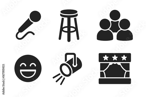 Solid Stand-Up Comedy Icons Set, Filled Vector Symbols of Microphone, Stool, Audience, Laughing Emoji, Spotlight, Stage, Comedy Performance Essentials, Entertainment Elements, Transparent Background