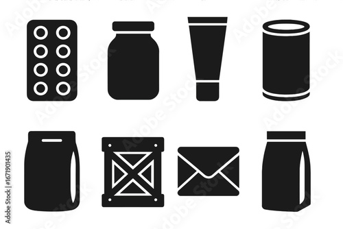 Product packaging icon set. Solid glyph vector collection of containers: blister pack, jar, tube, can, pouch, crate, envelope. For food, cosmetic, medical, shipping goods.