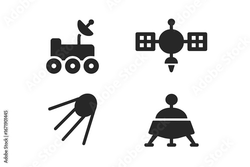 Space exploration vector icon set. Planetary rover, satellite, probe, and lander glyphs. Solid black silhouettes for astronomy, science, and technology design elements.