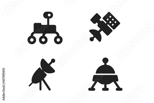 Space exploration icon set. Solid glyph collection of planetary mission vehicles. Rover, satellite, space probe, and lander symbols for science and technology concepts vector.