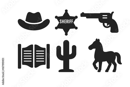Wild West icons set vector. Cowboy hat, sheriff badge, revolver, horse, cactus, saloon doors. Western silhouette symbols. Rodeo, lawman, desert, rustic culture. American frontier illustration.