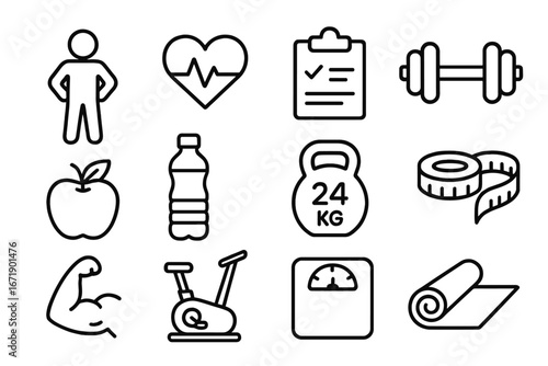 Fitness and health outline icon set. Vector symbols for gym, exercise, workout, and wellness. Line art for healthy lifestyle, diet, nutrition, cardio, and weight loss.