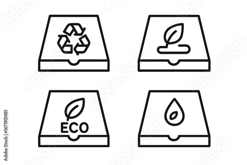 Pizza box eco-friendly line icon set. Sustainable packaging symbols for food delivery. Recycle sign, compostable material, eco ink. Vector icons for green business concept.