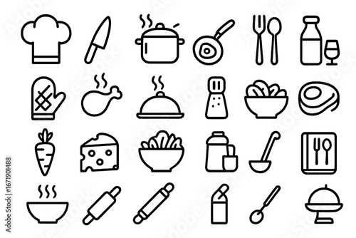 Food and cooking outline icon set. Culinary and kitchen line art collection. Vector pictograms for restaurant, menu, cafe. Simple minimal symbols for chef and utensils.