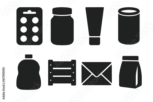 Product packaging icons. Solid glyph collection of container types. Jar, tube, can, pouch, crate, blister pack, envelope, bottle. Vector symbols for commercial goods and retail.