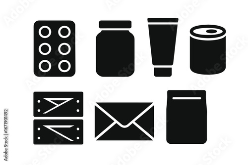 Product packaging icon set. Solid glyph vector collection of container silhouettes. Includes blister pack, jar, tube, can, pouch, crate, box, and envelope for design.