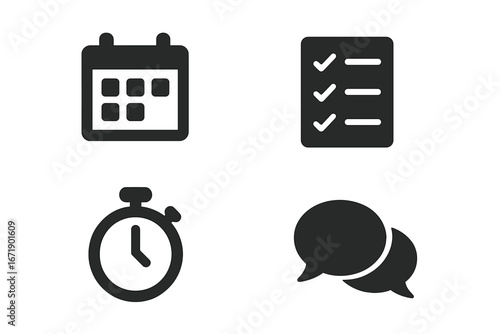 Productivity app icons solid filled icon set. Communication, calendar planner, checkbox list, timer vector illustration. Business management, schedule, task, time, chat symbols.