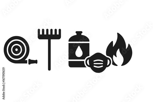 Wildfire defense icons set featuring solid filled fire hose, metal rake, water tank, face mask, and firefighting equipment vector illustration for fire safety and prevention