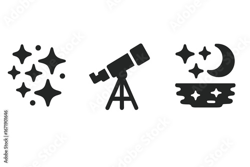 Stargazing icons solid filled vector set, star cluster sky, telescope tripod, moon and stars shore reflection, night sky astronomy, astrophotography, celestial observation, cosmic exploration graphic