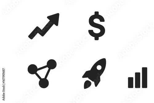 Startup growth icons set with solid filled style featuring upward arrow, dollar sign, network nodes, rocket ship, and bar chart; vector illustration of business success phase