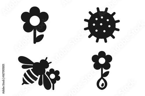 Pollination process solid icon set. Vector glyphs of flower, pollen grain, bee collecting nectar, and seed formation. Biology, nature, and ecology concept illustration.