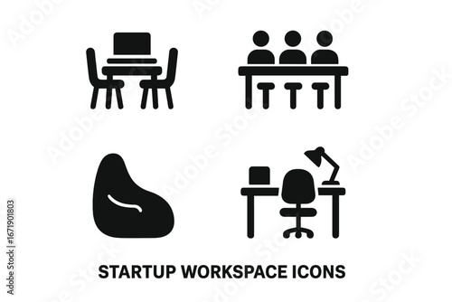 Modern startup workspace vector icons set. Shared desk, coworking space, beanbag chair, ergonomic office furniture, collaborative environment, meeting area, creative workspace concept illustration