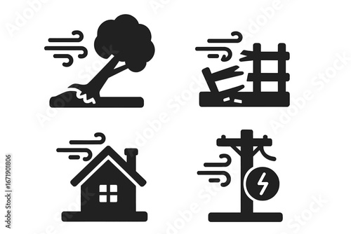Vector illustration set of wind damage icons showing strong wind impact on infrastructure, fallen tree, broken fence, damaged house roof, power outage with power pole, disaster emergency elements