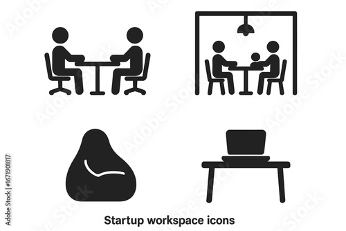 Startup workspace icons set, solid filled vector illustration of shared desk, coworking space, beanbag chair, office environment, creative work area, modern business design