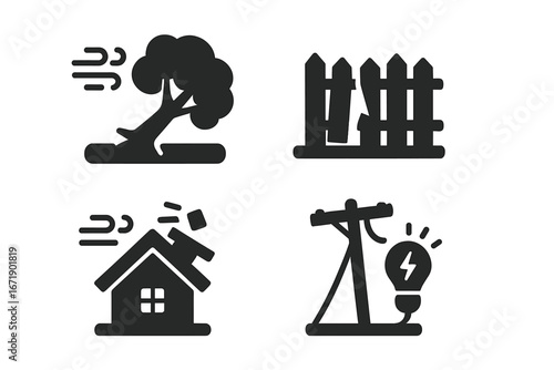Wind Damage Icons Set with Solid Filled Style Showing Wind Impact on Infrastructure Including Fallen Tree, Broken Fence, Damaged Roof, Power Outage, Vector Illustration Transparent Background