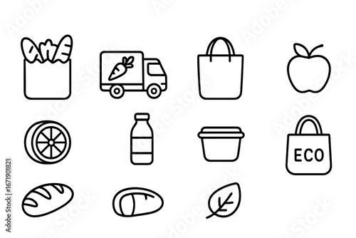Grocery delivery & food shopping outline icon set. Eco-friendly organic products, healthy eating & online supermarket order concept. Vector line art foodstuff symbols.