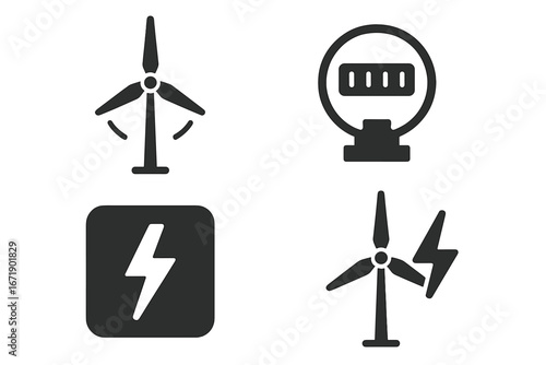 Solid filled wind energy icons set. Spinning wind turbine, energy production, electricity meter, power generation, voltage symbol. Renewable source vector. Eco technology grid concept.