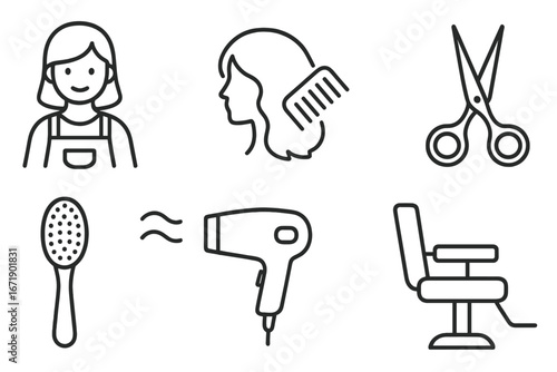 Hair salon and barbershop line icon set. Hairdresser, styling tools, haircut accessories. Vector symbols for beauty salon, hairstylist, coiffure. Grooming equipment.