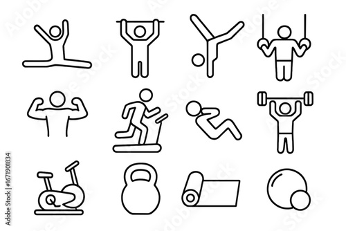 Fitness and gym line icon set. Sports, gymnastics, workout outline icons. Exercise, training, bodybuilding pictogram. Vector symbols for wellness, cardio, strength.