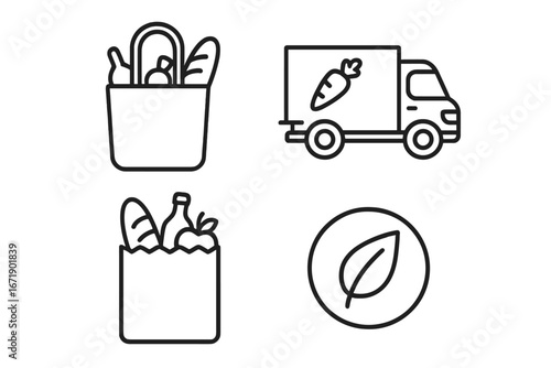 Grocery delivery outline icon set. Food shopping, fresh produce, and eco-friendly bag concepts. Online order and home delivery service vector line art illustration.
