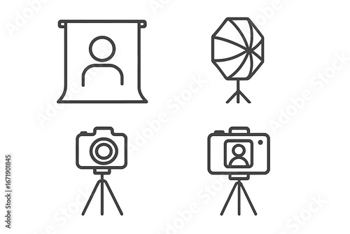 Photo studio and portrait session line icon set. Photography equipment vector pictograms. Professional photoshoot concept with camera, tripod, softbox, and paper backdrop.