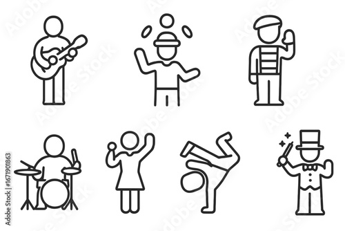 Street performer outline icons set with guitarist, juggler, mime, drummer, singer, breakdancer, magician, vector illustration, urban entertainment, live street art collection