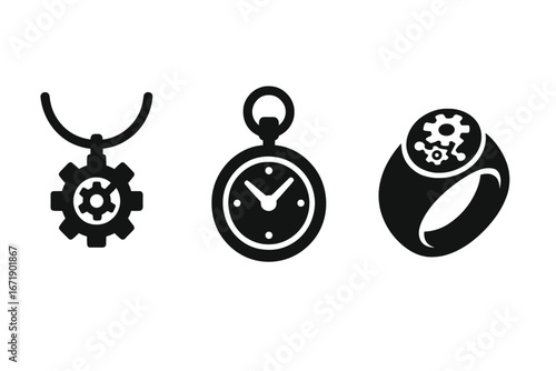 Steampunk jewelry icons set. Solid filled vector of steampunk gear pendant, pocket watch necklace, mechanical ring, industrial retro Victorian accessories, vintage mechanical elements, isolated