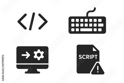 Programming tools glyph icon set. Software development symbols. Code bracket, keyboard, compiler process, and script file with error sign. Solid vector illustration pack.