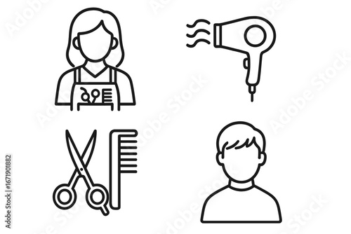 Hair salon and barbershop linear icon set. Hairdresser, client, scissors, comb, and blow dryer. Vector graphic for beauty, hairstyle, and grooming. Haircut accessories.