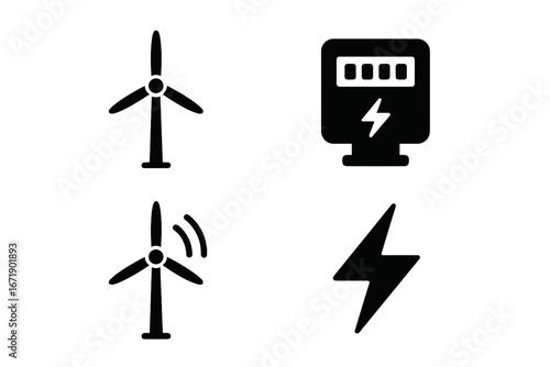 Wind Energy Icons Grid, Solid Filled Vector Set of Renewable Wind Turbine, Energy Production, Voltage Meter, Power Generation Symbols, Sustainable Energy Concepts on Transparent Background