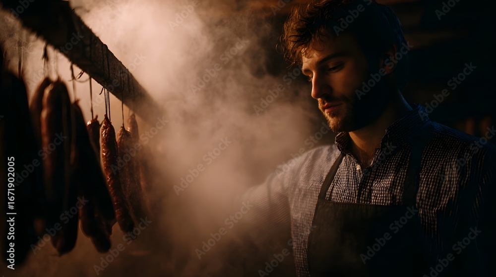 Fototapeta premium Man carefully placing smoked sausages in a hanging rack in a traditional smokehouse
