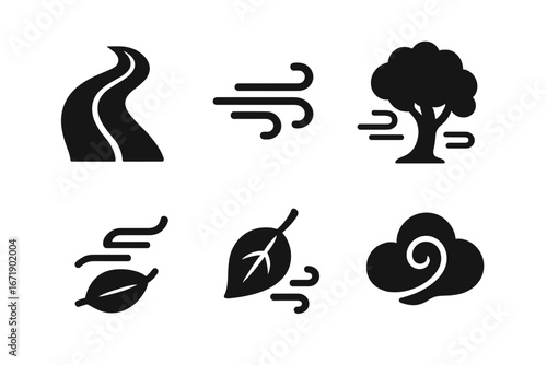 Windy Path Icons Set, Solid Filled Vector Illustrations of Winding Road, Gust of Wind, Swaying Tree, Fallen Leaf, Cloud Swirl, Nature Weather Elements, Transparent Background
