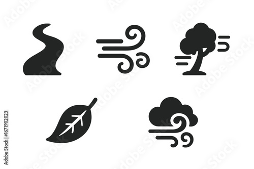 Solid filled icons of windy path, winding road, strong gust of wind, swaying tree, fallen leaf, swirling cloud. Weather vector illustration, elements of nature, climate, outdoors, turbulence