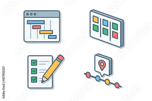 Project management icon set. Isometric flat line vector illustrations. Business planning and organization tools. Gantt chart, kanban board, timeline roadmap, and checklist icons.