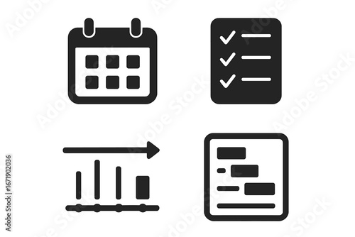 Project management solid icon set for business planning. Vector glyph icons of a calendar schedule, task checklist, timeline progress, and Gantt chart for workflow organization.
