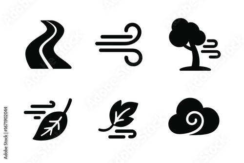 Windy Path Icons Set with Solid Filled Design Featuring Winding Road, Gust of Wind, Swaying Tree, Fallen Leaf, Cloud Swirl Vector Illustrations on Transparent Background