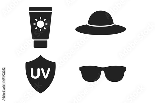 Sun protection essentials vector icons set featuring solid filled sunscreen tube, wide-brimmed hat, UV shield, and stylish sunglasses for summer safety and skin care
