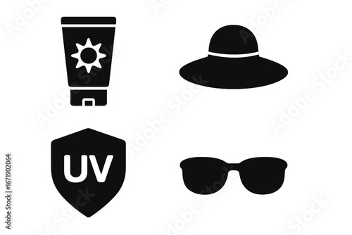 Sun protection essentials solid filled vector icon set. Sunscreen tube, wide brim hat, UV protection shield, sunglasses. Skin care, summer safety, ultraviolet defense illustration