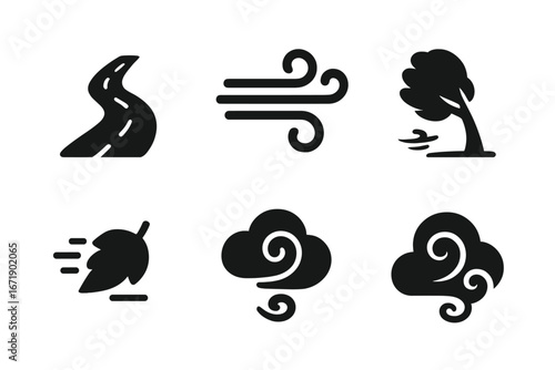 Windy path icons set with solid filled design featuring winding road, gust of wind, swaying tree, fallen leaf, and cloud swirl vector illustration on transparent background