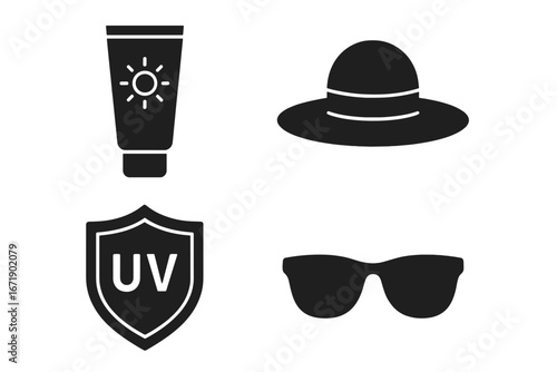 Sun Protection Essentials Solid Filled Icon Set. Sunscreen Tube, Wide Brim Hat, UV Shield, Sunglasses. UV Safety, Skin Care, Summer Accessories Vector Illustration Isolated Transparent Background