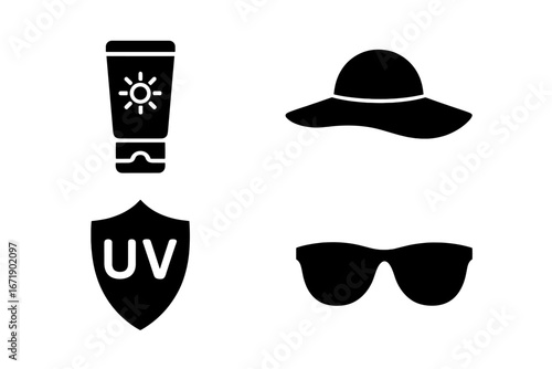 Sun protection essentials icon set with solid filled style including sunscreen tube, wide-brim hat, UV shield, and sunglasses vector illustration for summer safety and skin care