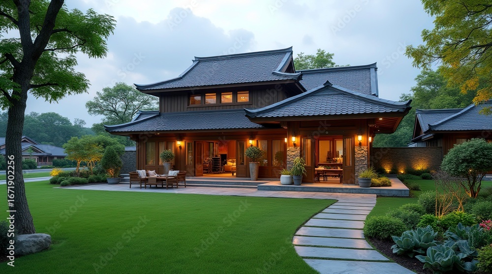 Obraz premium A luxurious modern home nestled in a green landscape with a spacious yard and contemporary design, 3D render.