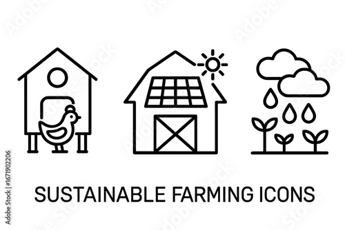 Sustainable Farming Vector Icons Set. Outline Illustrations of Small-Scale Farming, Chicken Coop, Solar Panel Barn, Rainwater Collection, Eco Agriculture, Greenhouse, Renewable Energy, Organic Growth