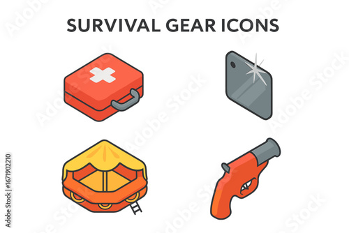 Survival gear icons set with isometric flat design, including safety equipment, first aid kit, flare gun, signal mirror, life raft, and essential survival tools, vector illustration