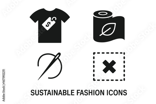Sustainable fashion icons set with solid filled symbols of secondhand shirt, eco-friendly fabric roll, sewing needle, and clothing repair tools for environmentally conscious design