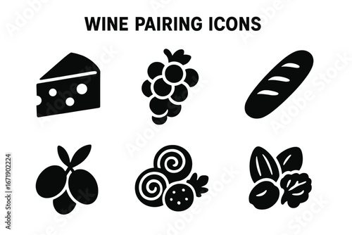 Wine pairing icons set with solid filled style, featuring cheese wedge, grapes, baguette, olives, charcuterie, nuts, elegant food and wine vector illustration on transparent background