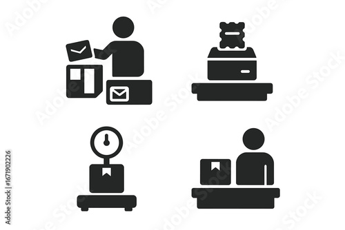 Post office service glyph icons set. Mail sorting, parcel weighing scale, stamp dispenser. Postal delivery, shipping logistics solid pictograms. Postman and counter clerk.