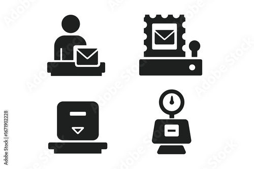 Post office service glyph icons set. Postal delivery symbols. Mail counter clerk, stamp dispenser, letter sorting, parcel weighing scale. Shipping and logistics pictograms.