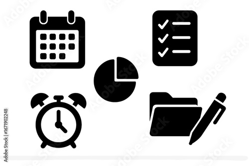 Project management vector icon set. Time management, planning, deadline, schedule concept. Solid glyph icons of calendar, checklist, pie chart, alarm clock, folder, and pen.