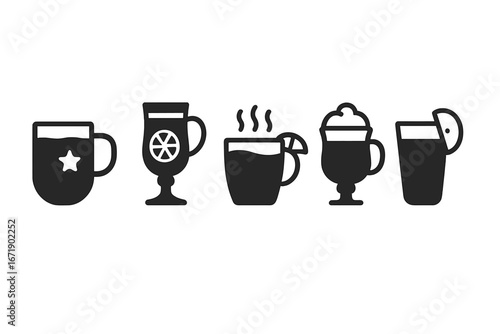 Winter cocktail icons set with solid, filled designs featuring classic festive drinks like eggnog, mulled wine, hot toddy, Irish coffee, spiked cider, holiday beverage vectors